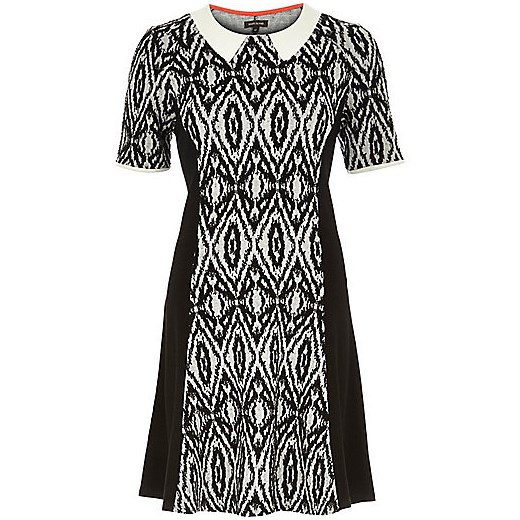 Black geo print panelled fit and flare dress river-island  
