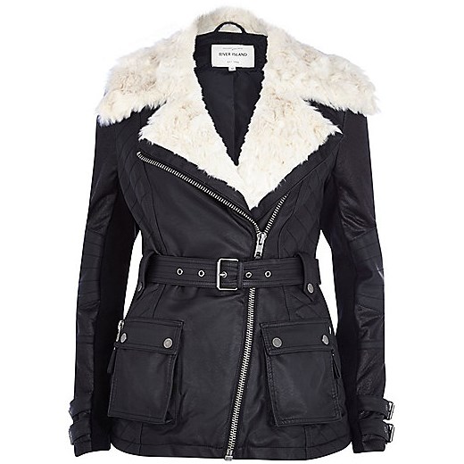 Black faux fur collar belted biker jacket river-island  kurtki