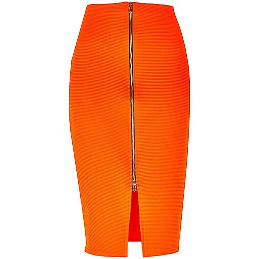 Bright orange zip front pencil skirt river-island  