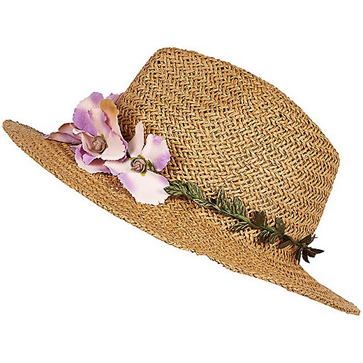 Beige floral trim straw fedora hat river-island  