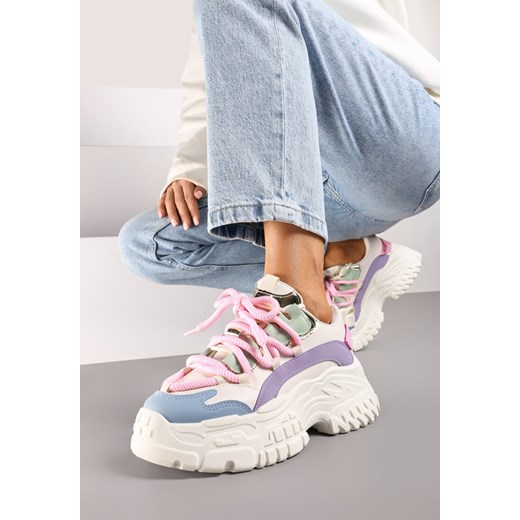 Biało-Różowe Sneakersy na Grubej Tłoczonej Podeszwie z Podwójnym Sznurowaniem Glefida ze sklepu born2be.pl w kategorii Buty sportowe damskie - zdjęcie 174030285
