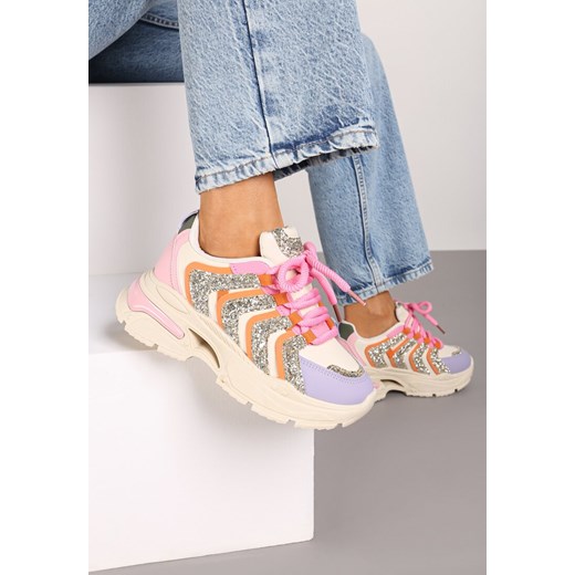 Beżowo-Fioletowe Sznurowane Sneakersy na Platformie Ozdobione Brokatem Ewla ze sklepu renee.pl w kategorii Buty sportowe damskie - zdjęcie 174030638
