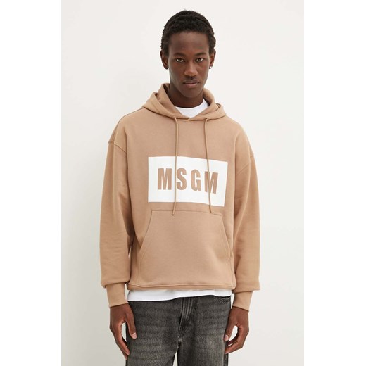 MSGM bluza bawełniana męska kolor beżowy z kapturem z nadrukiem 3740MM525.247799 ze sklepu ANSWEAR.com w kategorii Bluzy męskie - zdjęcie 174041128