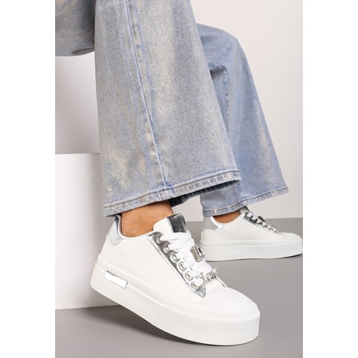 Biało-Srebrne Sneakersy na Grubej Podeszwie z Metalicznymi Wstawkami i Cyrkoniami Himaria ze sklepu born2be.pl w kategorii Buty sportowe damskie - zdjęcie 174044599