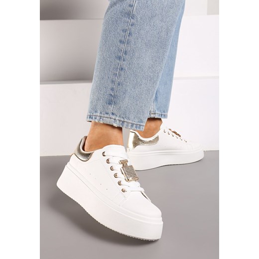 Biało-Złote Sneakersy na Platformie Ozdobione Cyrkoniami i Aplikacją 3D Daneria ze sklepu renee.pl w kategorii Buty sportowe damskie - zdjęcie 174046119