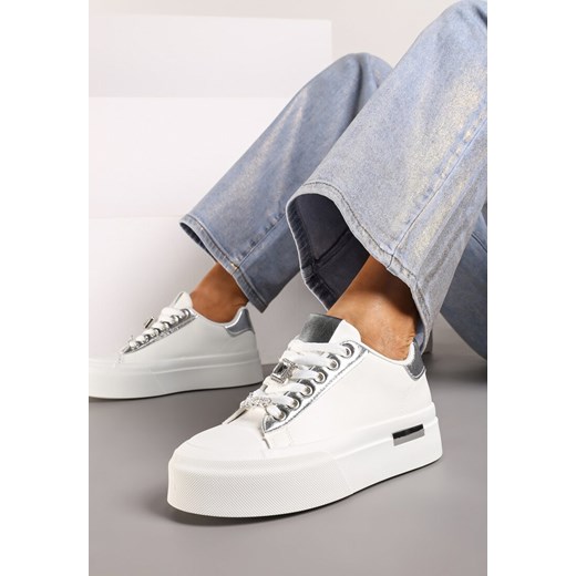 Biało-Srebrne Casualowe Sneakersy na Platformie Ozdobione Cyrkoniami i Metalicznymi Wstawkami Primaria ze sklepu renee.pl w kategorii Buty sportowe damskie - zdjęcie 174046137