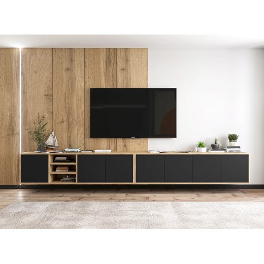 Komplet wiszących szafek rtv dąb wotan + czarny - Avila 15X ze sklepu Edinos.pl w kategorii Szafki RTV - zdjęcie 174049967