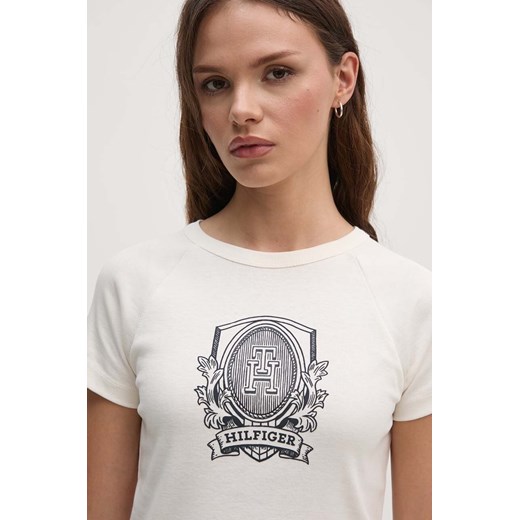 Tommy Hilfiger t-shirt bawełniany damski kolor beżowy WW0WW42089 ze sklepu ANSWEAR.com w kategorii Bluzki damskie - zdjęcie 174051598