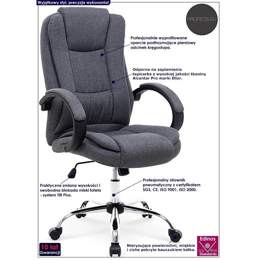 Szary tapicerowany biurowy fotel obrotowy - Ariel 2X Profeos One Size Edinos.pl