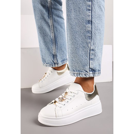 Biało-Złote Sneakersy na Platformie Wykończone Cyrkoniowymi Aplikacjami Vliorina ze sklepu renee.pl w kategorii Buty sportowe damskie - zdjęcie 174061976