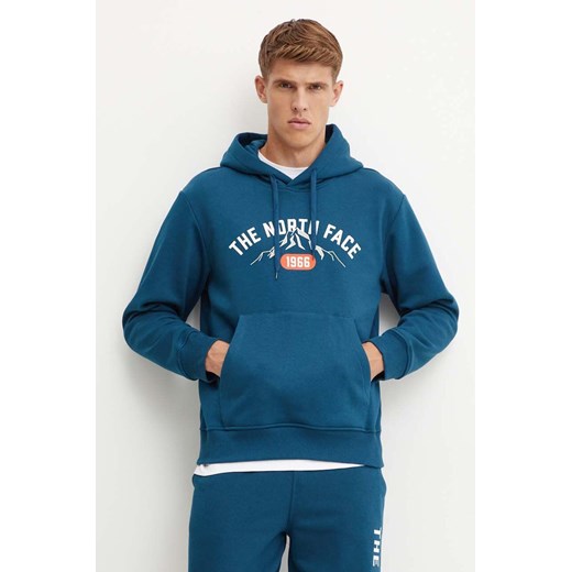 The North Face bluza Hoodie Varsity Graphic męska kolor turkusowy z kapturem z nadrukiem NF0A89DJ1NO1 ze sklepu ANSWEAR.com w kategorii Bluzy męskie - zdjęcie 174062869