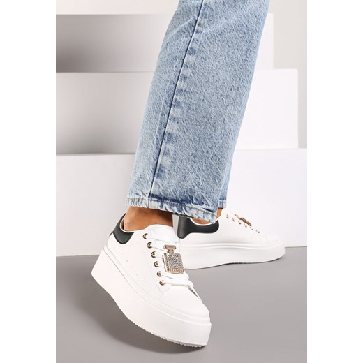 Biało-Czarne Sneakersy na Grubej Podeszwie z Metaliczną Aplikacją i Cyrkoniami Loraria ze sklepu born2be.pl w kategorii Buty sportowe damskie - zdjęcie 174070647