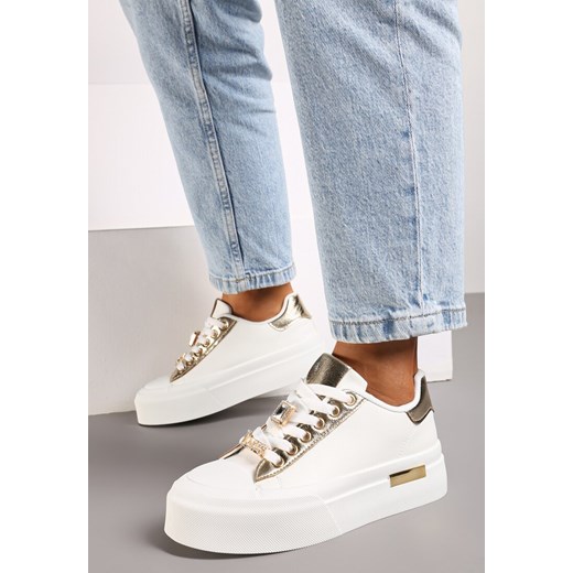 Białe Sneakersy na Grubej Podeszwie z Metalicznymi Wstawkami i Cyrkoniami Himaria ze sklepu born2be.pl w kategorii Buty sportowe damskie - zdjęcie 174070659