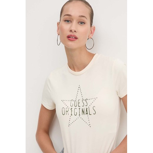 Guess Originals t-shirt damski kolor beżowy W4YP23 KA0Q1 ze sklepu ANSWEAR.com w kategorii Bluzki damskie - zdjęcie 174086917