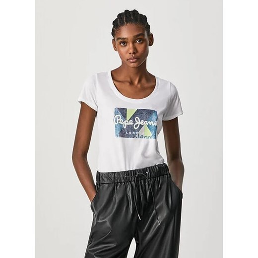 Bluzka damska Pepe Jeans z napisami biała na lato z krótkim rękawem z okrągłym dekoltem 