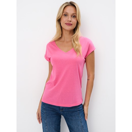Mohito - Różowy t-shirt z krótkim rękawem - fuksjowy ze sklepu Mohito w kategorii Bluzki damskie - zdjęcie 174114306