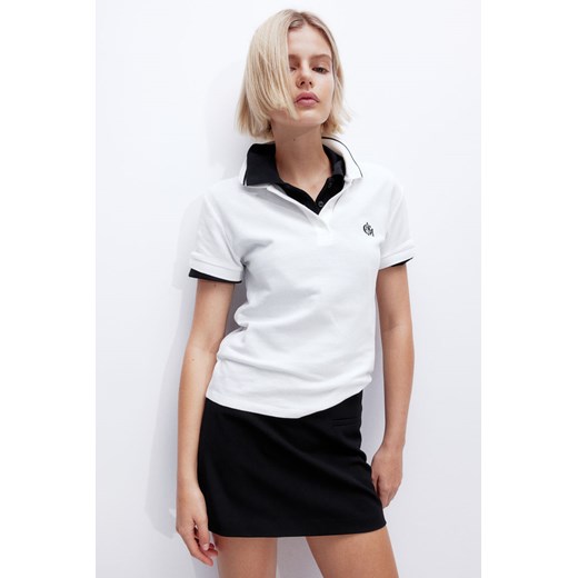 H & M - Top polo z piki z haftowanym motywem - Biały H & M XL H&M