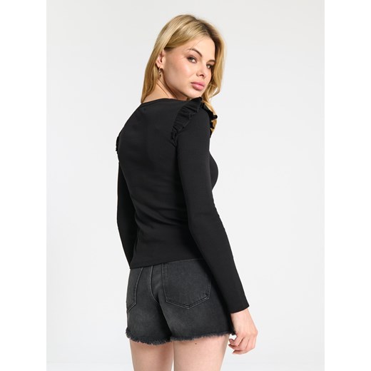 Czarna bluzka damska Sinsay z okrągłym dekoltem z długim rękawem z elastanu 