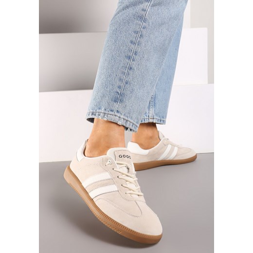 Beżowe Sneakersy ze Skóry Naturalnej na Płaskiej Podeszwie Wykończone Paskami Navinda ze sklepu renee.pl w kategorii Buty sportowe damskie - zdjęcie 174138038