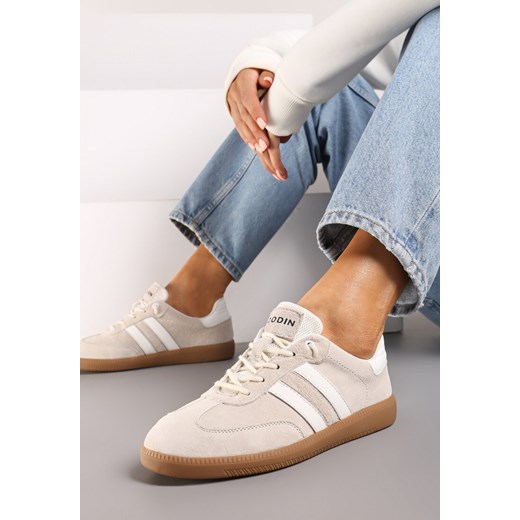 Beżowe Płaskie Skórzane Sneakersy Ozdobione Paskami Navilen ze sklepu born2be.pl w kategorii Buty sportowe damskie - zdjęcie 174138768