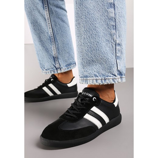 Czarne Płaskie Skórzane Sneakersy Ozdobione Paskami Navilen ze sklepu born2be.pl w kategorii Buty sportowe damskie - zdjęcie 174138787