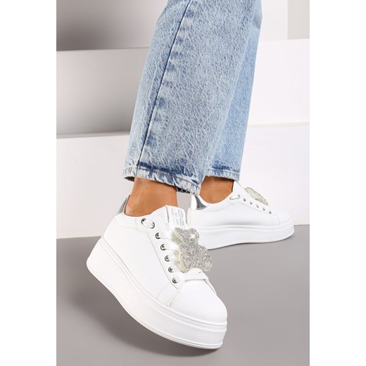 Biało-Srebrne Sneakersy Ozdobione Brokatowym Misiem Nevithaya ze sklepu renee.pl w kategorii Buty sportowe damskie - zdjęcie 174139758