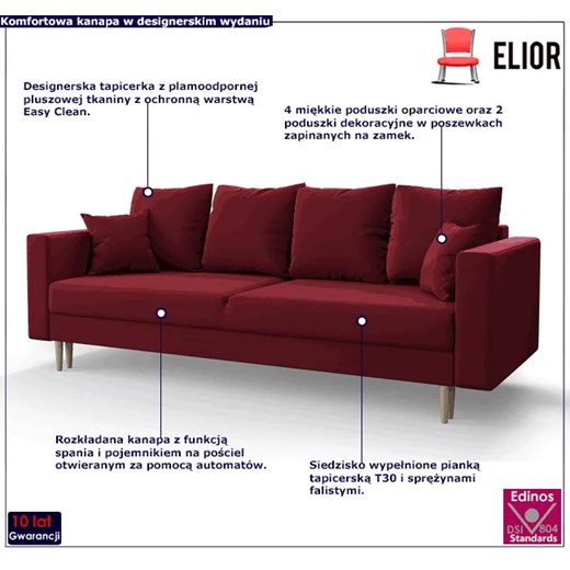 Bordowa sofa rozkładana - Diamante Elior One Size Edinos.pl