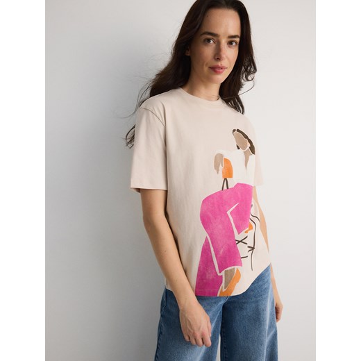 Reserved - T-shirt regular z nadrukiem - beżowy Reserved XS Reserved