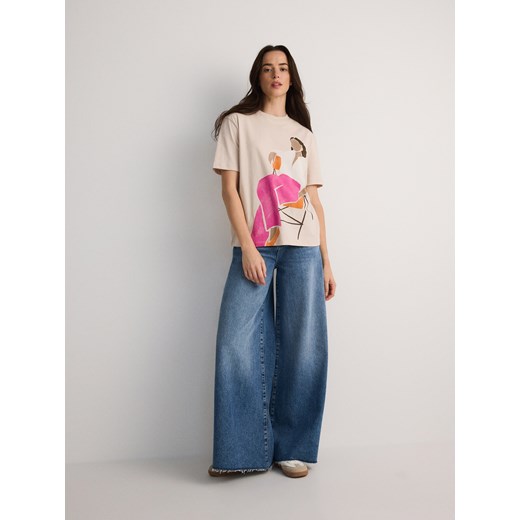 Reserved - T-shirt regular z nadrukiem - beżowy Reserved S Reserved