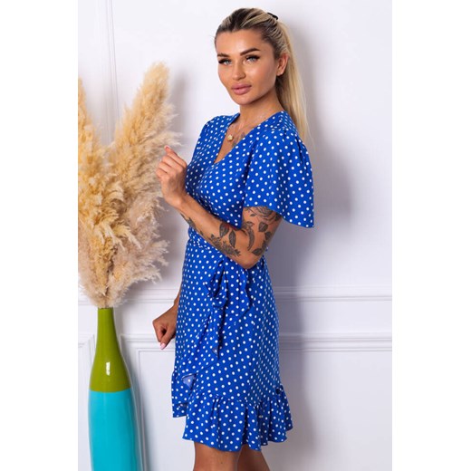 SUKIENKA KOPERTOWA W KROPKI Z PASKIEM- NIEBIESKA Olika XL/XXL wyprzedaż olika.com.pl