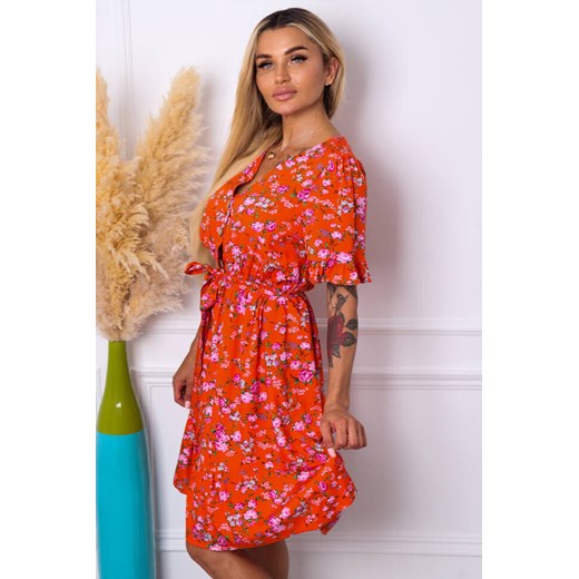 SUKIENKA MIDI W KWIATY Z DEKOLTEM NA GUZIKI+ PASEK- POMARAŃCZOWA Olika XL/XXL okazja olika.com.pl