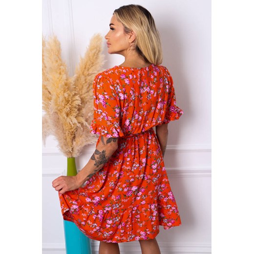 SUKIENKA MIDI W KWIATY Z DEKOLTEM NA GUZIKI+ PASEK- POMARAŃCZOWA Olika XL/XXL olika.com.pl okazyjna cena