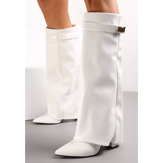 Białe Kozaki na Słupku z Wywiniętą Cholewką i Noskiem w Szpic Selvaggia ze sklepu renee.pl w kategorii Kozaki damskie - zdjęcie 174275759