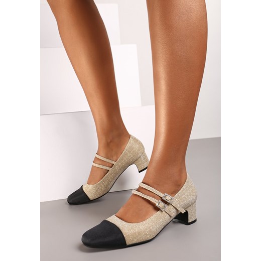 Złote Brokatowe Czółenka na Słupku z Paskami i Sprzączkami Navsia Renee 41 okazja renee.pl