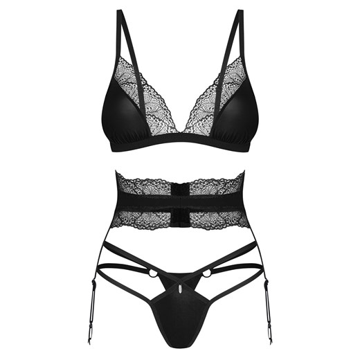 Komplet biustonosz + stringi + pas do pończoch Obsessive Lobellis 3-pcs set czarny ze sklepu kontri.pl w kategorii Komplety bielizny damskiej - zdjęcie 174286919