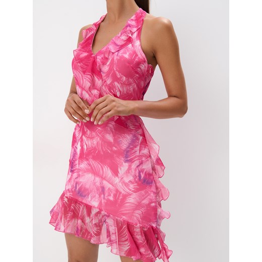 Sukienka Mohito w kwiaty z dekoltem w literę v mini asymetryczna bez rękawów elegancka