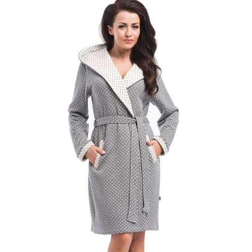 Szlafrok damski z kapturem wzór w kropki SGW.8030, Kolor szary-ecru, Rozmiar S, Doctor Nap ze sklepu Intymna w kategorii Szlafroki damskie - zdjęcie 174301146