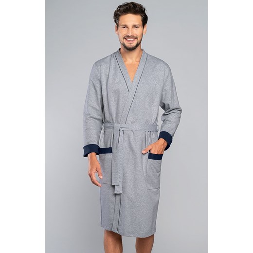 Bawełniany szlafrok męski z długim rękawem Gabriel, Kolor szary melanż-granat, Rozmiar M, Italian Fashion ze sklepu Intymna w kategorii Szlafroki męskie - zdjęcie 174309019