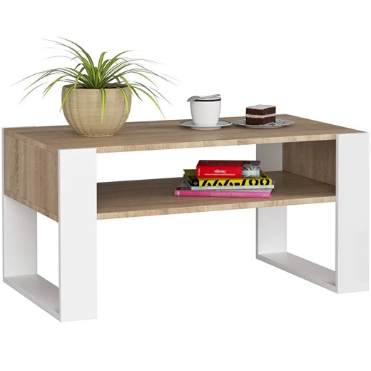 Minimalistyczna Ława Z Półką Dąb Sonoma+Biały T3-F56 ze sklepu Edinos.pl w kategorii Stoły - zdjęcie 174508737