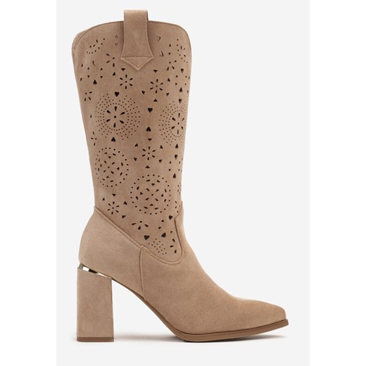 Kozaki damskie beżowe Renee na obcasie jesienne z zamkiem 