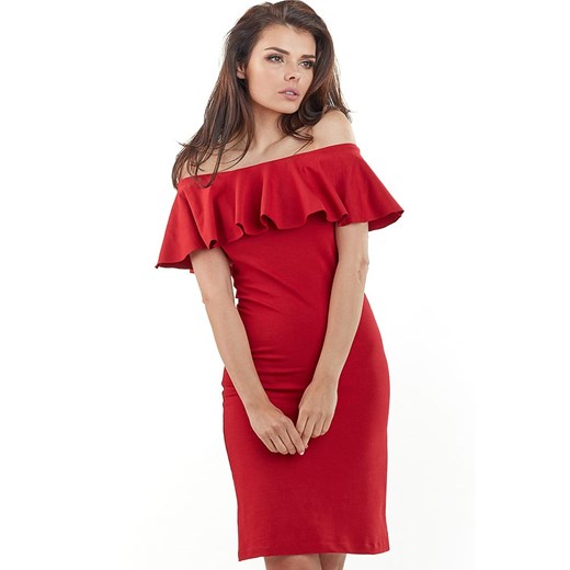 Sukienka AWAMA mini czerwona z dekoltem typu hiszpanka bawełniana 