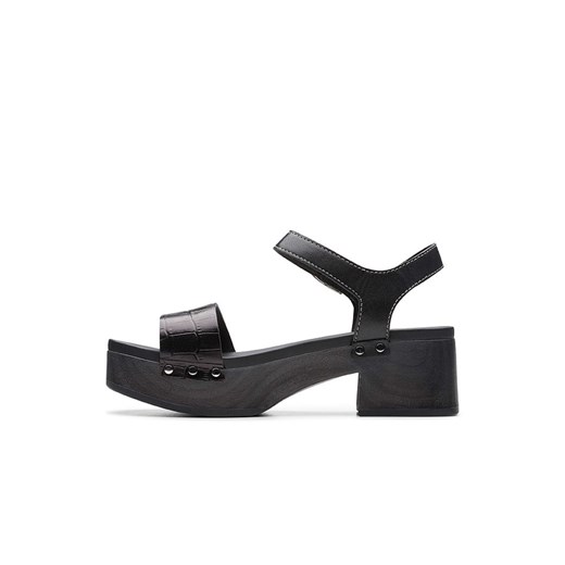Sandały damskie czarne Clarks eleganckie z klamrą na obcasie 