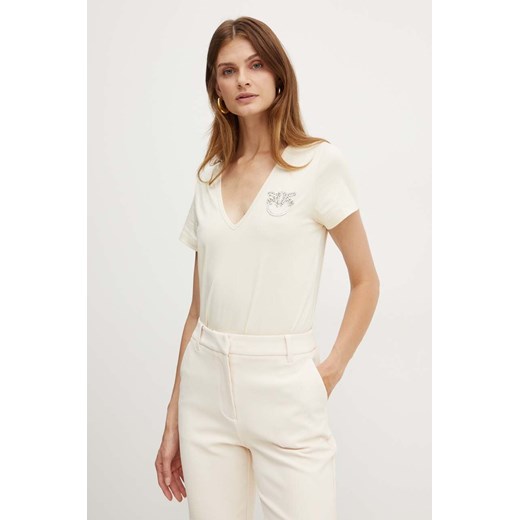 Pinko t-shirt bawełniany damski kolor beżowy 100372 A24E ze sklepu ANSWEAR.com w kategorii Bluzki damskie - zdjęcie 174598918