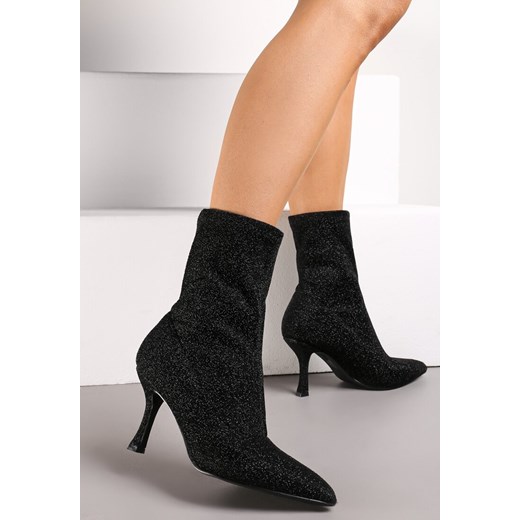 Czarne Skarpetkowe Botki na Szpilce z Elastycznego Materiału z Brokatowym Renee 41 renee.pl
