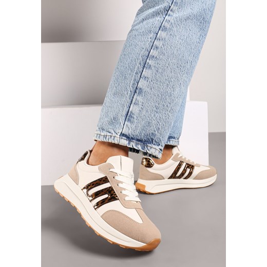 Beżowo-Brązowe Płaskie Sneakersy z Geometrycznym Wzorem Nevlene ze sklepu born2be.pl w kategorii Buty sportowe damskie - zdjęcie 174613215