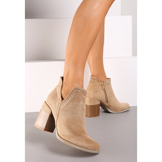 Ciemnobeżowe Ażurowe Botki na Słupku w Stylu Kowbojek Neveli Renee 37 promocyjna cena renee.pl