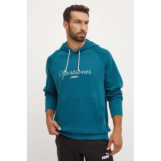 Puma bluza bawełniana męska kolor turkusowy z kapturem z nadrukiem 626722 ze sklepu ANSWEAR.com w kategorii Bluzy męskie - zdjęcie 174618029