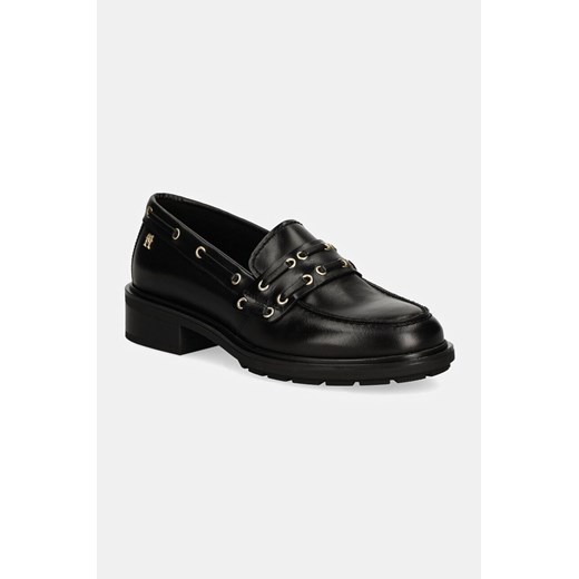 Tommy Hilfiger mokasyny skórzane NAUTICAL EYELETS LEATHER LOAFER damskie kolor czarny na platformie FW0FW08148 ze sklepu ANSWEAR.com w kategorii Mokasyny damskie - zdjęcie 174618207