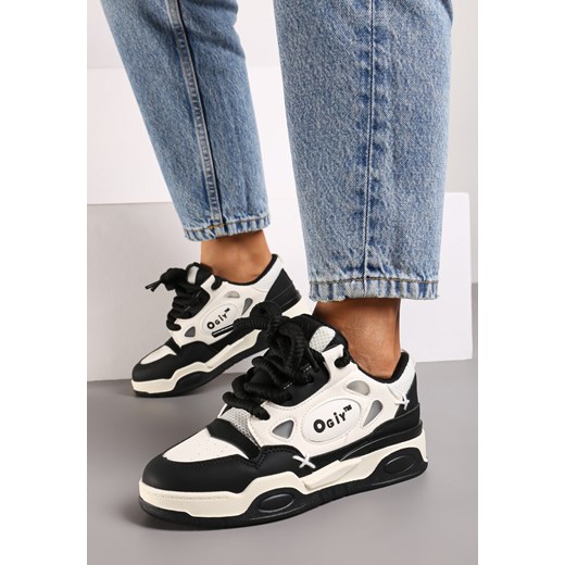 Czarno-Białe Sneakersy na Płaskiej Podeszwie Ozdobione Szerokimi Sznurówkami Veniefra ze sklepu renee.pl w kategorii Buty sportowe damskie - zdjęcie 174631468