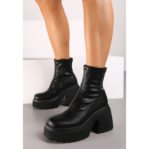 Czarne Botki na Platformie i Słupku Wykończone Suwakiem i Dopasowaną Cholewką Saliefra - id: DH240103-38-BLACK - marki Renee - 174634738 Czarne Botki na Platformie i Słupku Wykończone Suwakiem i Dopasowaną Cholewką Saliefra ze sklepu renee.pl w kategorii Botki - zdjęcie 174634738